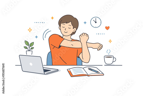 Mindful stretching at desk illustration. A calm editorial scene showing a person gently stretching arms and shoulders while seated at a desk with a laptop and