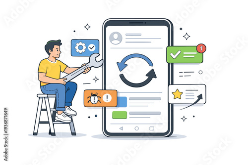 App maintenance and updates. A person updating a mobile app interface with refresh icons and small notification cards. Continuous improvement, reliability,