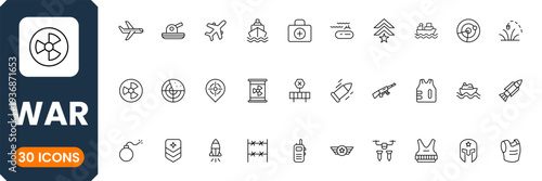 Modern war icon set vector collection with military equipment, army symbols and defense strategy elements flat design