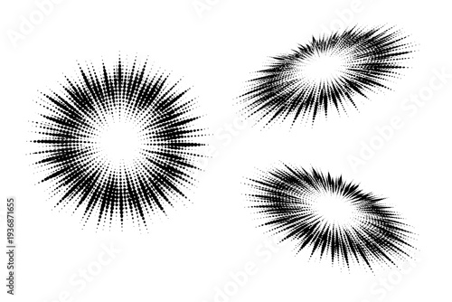 Monochrome halftone circular burst shown as a single object presented in three views: front view, angled view, and three-quarter view. Black and white dot