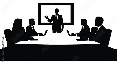 A silhouetted business meeting with a presenter and four attendees around a conference table high quality