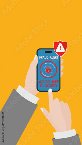 Fraud alert account blocked warning on smartphone screen. Cybersecurity concept