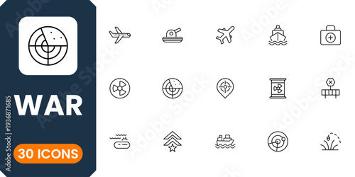 Professional military and war icon pack featuring army equipment, combat strategy and defense symbols