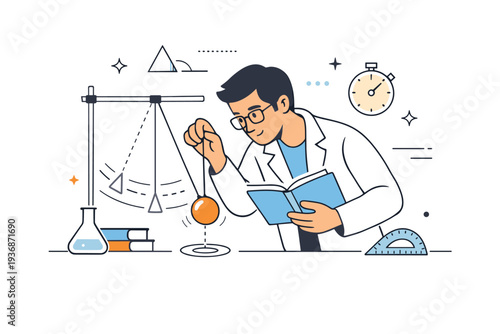 Physics experiment. A focused scientist sets up a pendulum and observes its motion, with soft motion lines and geometric shapes emphasizing study and