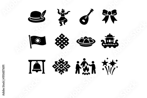 Cultural Celebrations. Solid icon set of Cultural Celebrations: traditional hat, folk dance figure, music instrument, celebration ribbon, cultural flag,