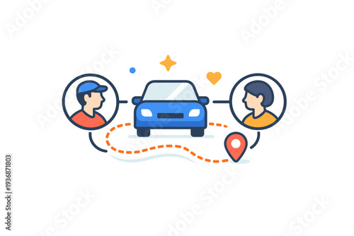 Driver and passenger connection illustrated by profile icons linked to a car and route path expressing trust safety and coordinated movement. Minimalist flat