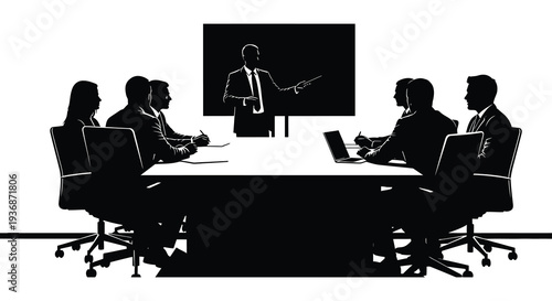 A silhouetted business meeting in progress featuring a presenter and seated attendees high quality professional detailed