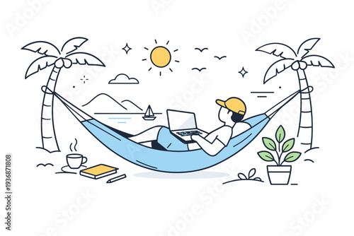 Laptop work in hammock setups. A serene remote work scene combining hammock, laptop, and calm natural elements. Freedom, softness, and modern work flexibility.