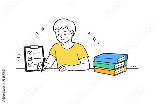 Doing the job, not more. A character checks off tasks and leaves extra folders untouched nearby. The illustration shows quiet resistance through simplicity and