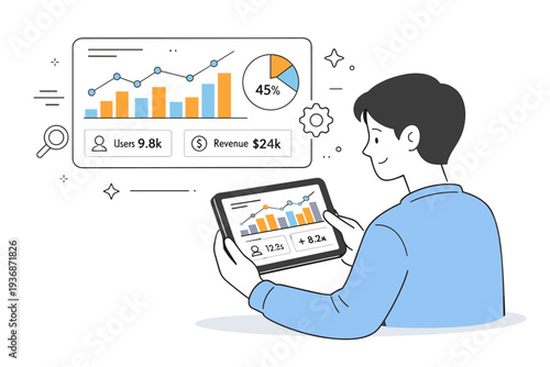 Big data analytics dashboards. A person reviewing key metrics on a tablet with bar charts and line graphs. Calm decision-making, visual clarity, and