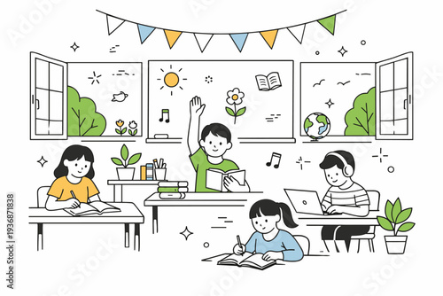 Spring school celebration. A friendly classroom scene with open windows, fresh air, plants, and students calmly engaged in learning activities. The mood feels
