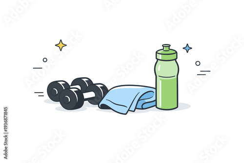 Gyms early morning emptiness. Single water bottle and towel placed beside unused weights, with space and silence around. Quiet anticipation and soft light