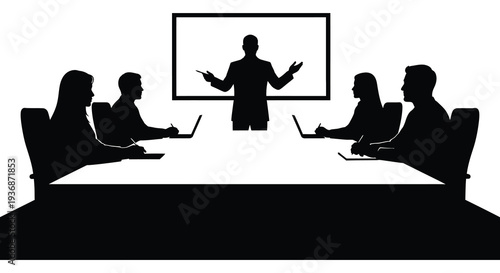A black silhouette of a business presentation taking place in a modern conference room high quality