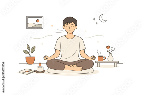 Mindful morning self care. A person doing gentle breathing or meditation at home, eyes closed and posture relaxed, with a clean, screen-free space. The