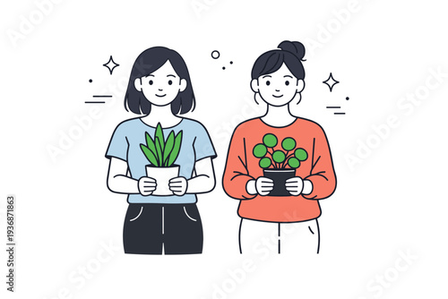 Women carrying plants instead of bouquets. Two women stand side by side, each holding a small indoor plant in simple pots. Calm confidence, modern everyday
