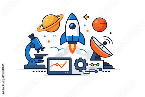 Astronomy and space exploration highlighting cooperation between science and technology. A modern symbolic composition combining instruments, data cues and