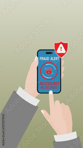 Fraud alert account blocked warning on smartphone screen. Cybersecurity concept