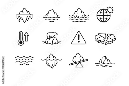 Climate Change Icebergs. Line icon set of Climate Change Icebergs: melting iceberg symbol, shrinking ice mass, rising sea level, global warming