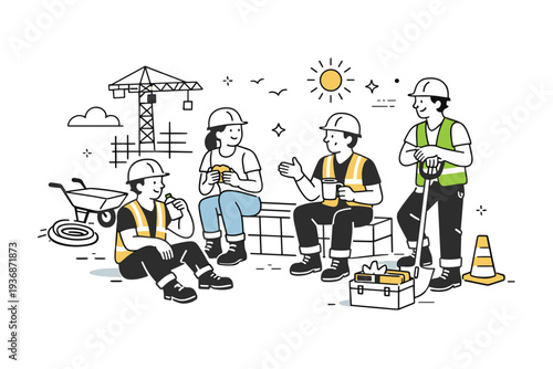 Construction and infrastructure workers. A group taking a short break at an outdoor building site, with tools resting nearby and spring sunlight around. The