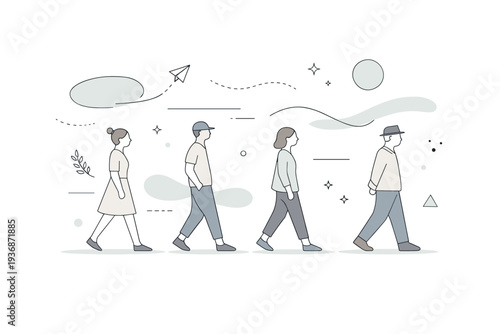 Slow walking scenes. Abstract editorial scene with soft silhouettes walking slowly among floating shapes and lines. Visual metaphor for lightness, flow, and