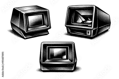 Slide Viewer ? A photographic slide viewer device shown as the same object in three different views, emphasizing rectangular housing, viewing window, and