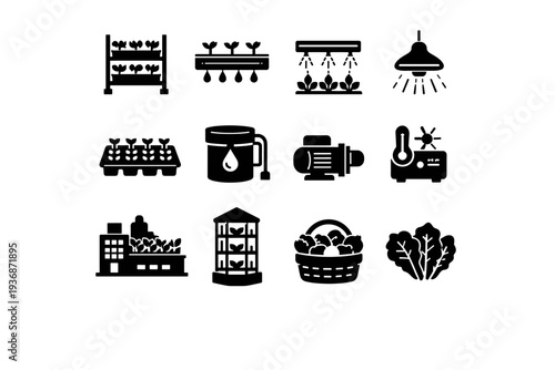 Urban Vertical Farming. Solid icon set of Urban Vertical Farming: vertical grow racks, hydroponic channel, aeroponic mist, grow light, seedling tray, nutrient