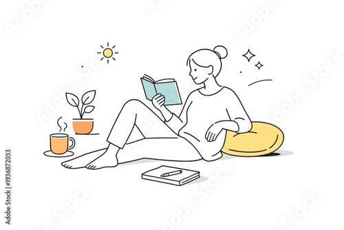 Minimal line art lifestyle scene. Person relaxing with a book or coffee, drawn with elegant simple lines and lots of white space. Calm editorial mood about