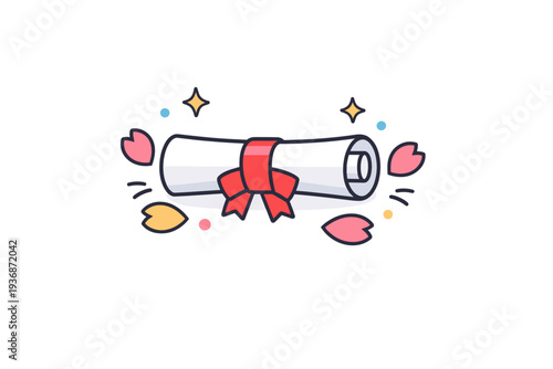 Graduation spring celebration a diploma tied with a ribbon surrounded by petals and soft sparkles, symbolizing success, recognition, and joyful completion.