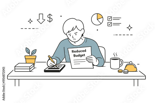 Recession core aesthetic. Person reviewing a reduced budget at a simple desk, muted objects and careful posture. Scene reflects restraint, realism, and quiet