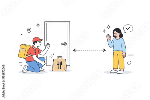 Contactless delivery. A courier leaving a food bag at the door while the customer waits nearby, highlighting safety and modern habits. Friendly distance and