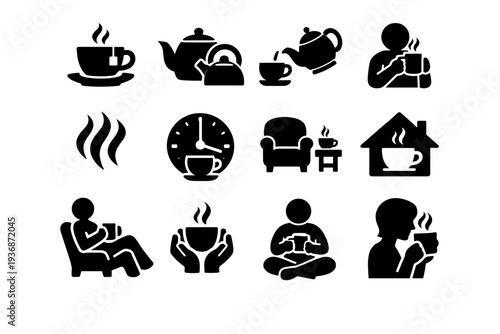 Tea time lifestyle. Solid icon set of Tea time lifestyle: afternoon tea cup, tea kettle, teapot and cup, person holding mug, steam rising, tea break clock,