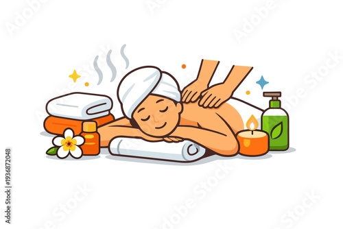 Massage therapy and relaxation techniques focused on spa recovery with a resting figure, towel elements, and gentle steam icons. A warm visual metaphor of