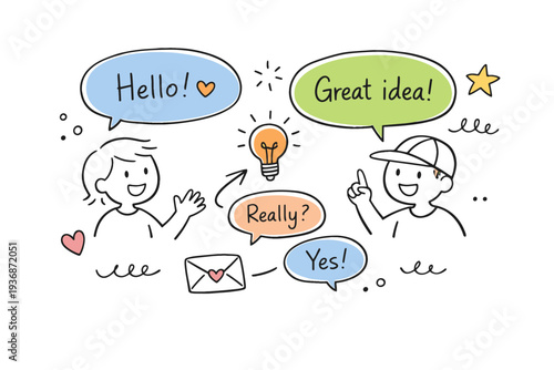 Hand-drawn doodle communication. Speech bubbles, messages, and simple characters interacting freely. Open conversation and friendly exchange of