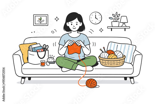 Analog hobbies in modern homes. Knitting or sewing scene on a sofa, yarn and fabric neatly arranged, calm repetitive motion and comfort, contemporary interior