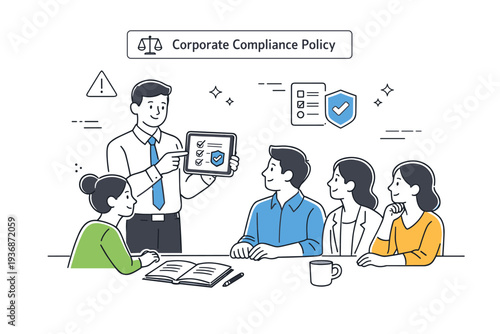 Corporate compliance policy. A manager explaining compliance rules on a tablet while colleagues listen attentively. Focused work atmosphere with