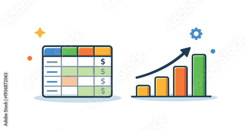Financial growth chart and spreadsheet icons symbolizing business success and data analysis