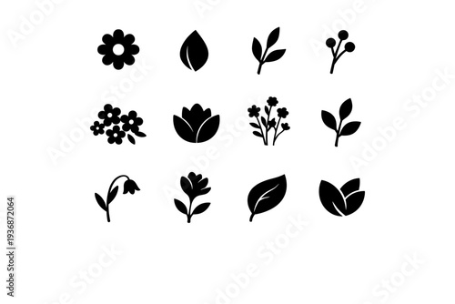 Floral Silhouettes. Solid icon set of floral silhouettes: single flower head, petal outline, leaf and stem, botanical shape, floral cluster icon, abstract