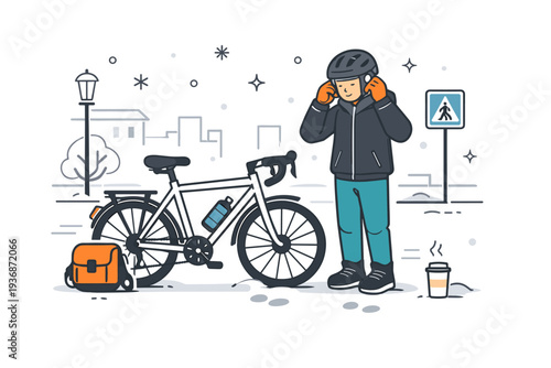 Winter cycling on city streets ? preparing for the ride. A calm urban scene with a cyclist adjusting gloves and helmet near a bicycle, light snow and quiet