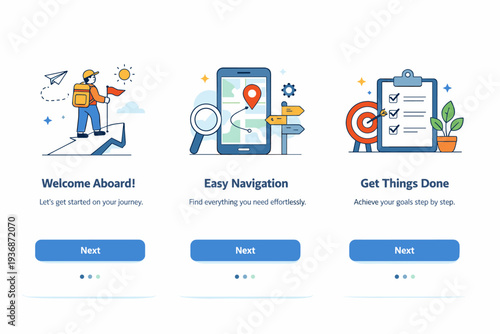 Mobile app onboarding screens introducing users to core features through a smooth and welcoming first experience. A clear visual metaphor of