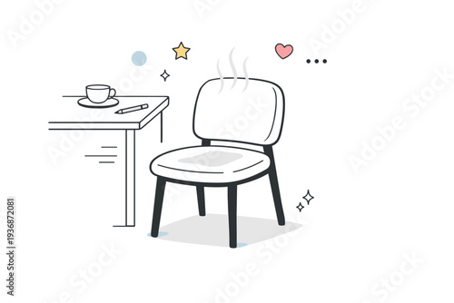 Still warm chair moment. A recently used chair slightly pulled back from a table, soft shadows and subtle body outline suggesting recent presence. Quiet