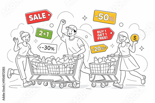 Supermarket Sale. Shoppers pushing carts filled with groceries, bright discount tags floating around. Energetic, cheerful mood of saving money and smart