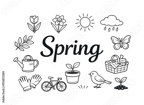 Spring season doodles with flowers, sun, rain, butterfly, and gardening tools