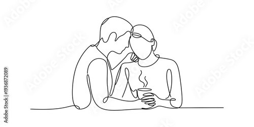 Couple in Love Continuous Line Drawing: Intimate Moment with Coffee