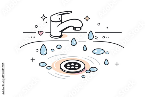 Water drops on sinks. Faucet turned off with small drops left behind, subtle reflections and organic shapes around the drain. Visual calm and imperfect