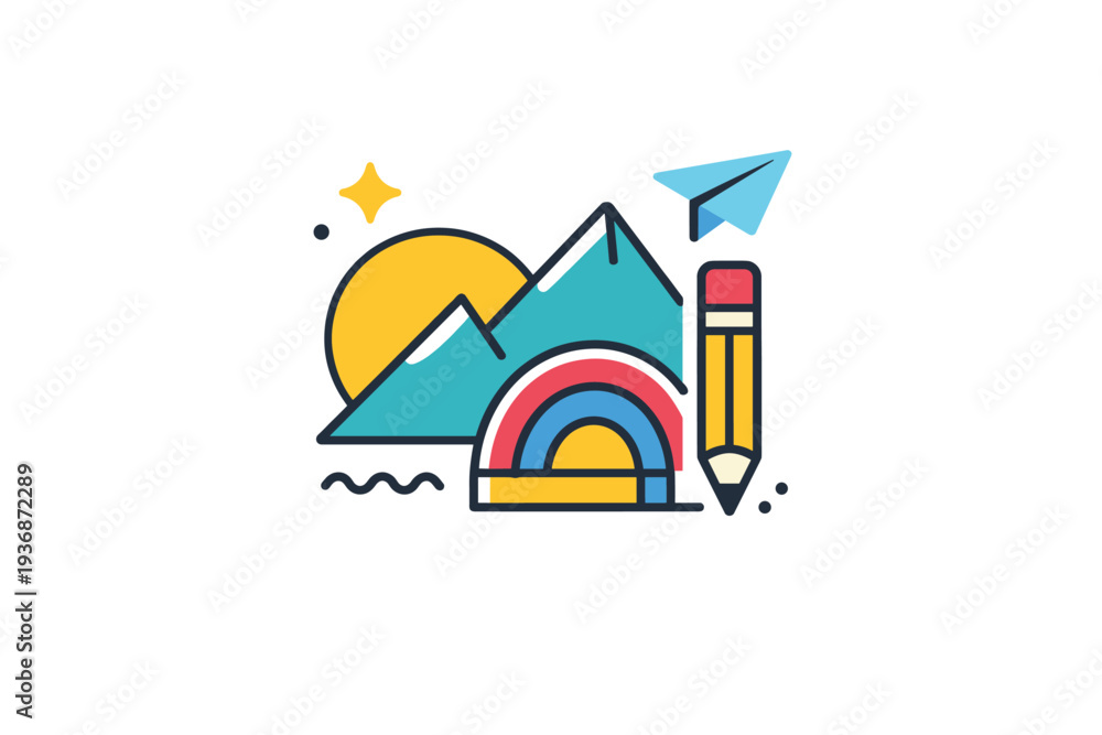 Obraz premium Memphis style graphics represented as a modern decorative icon with asymmetrical forms and cheerful color accents, communicating optimism, creativity, and