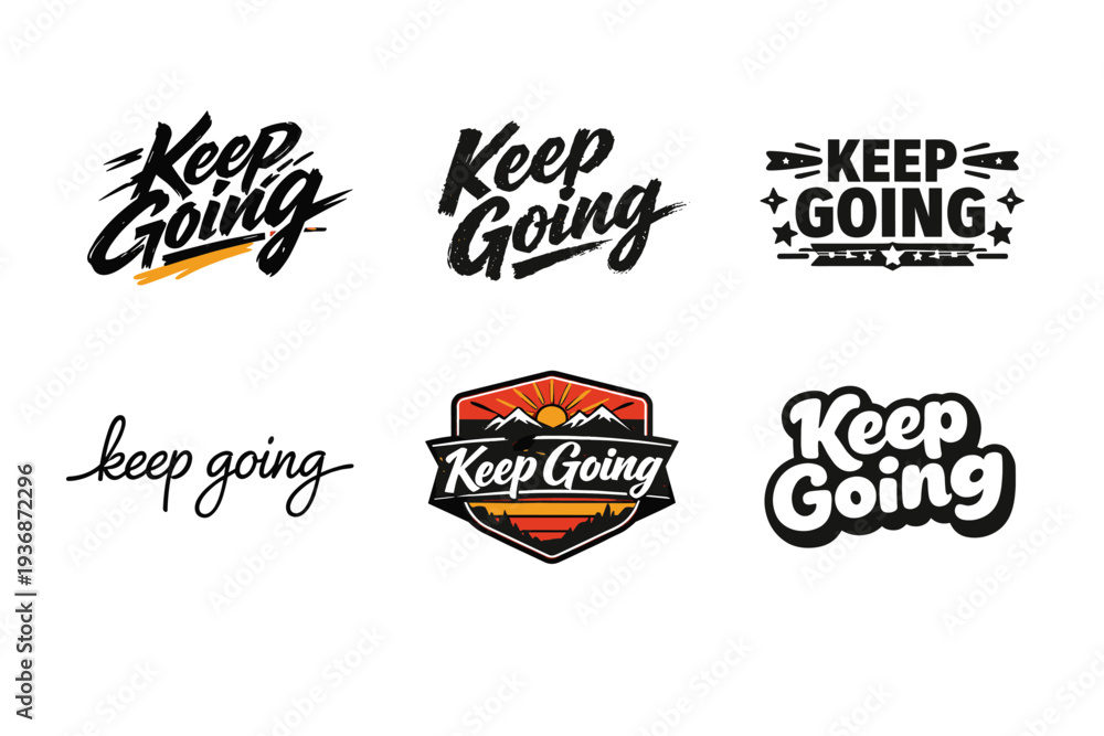 Obraz premium Keep Going. Set lettering. harmonious lettering variations of the same emblematic concept, each with different artistic interpretation (Dynamic brushstroke