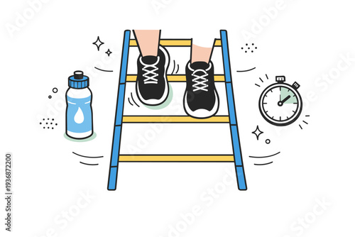 Fitness coordination session. Ladder with sneakers stepping along rungs, water bottle, and stopwatch subtly included, viewed from above. Friendly and