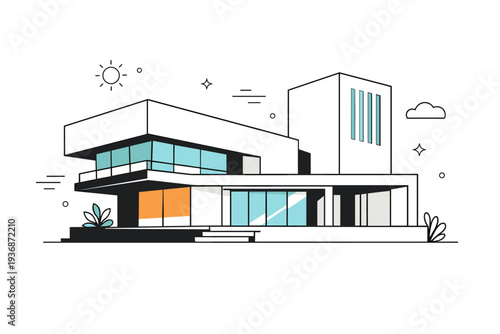 Contemporary architecture design. A single modern building with strong geometric form and large surfaces. Focus on structure, proportion, and calm visual