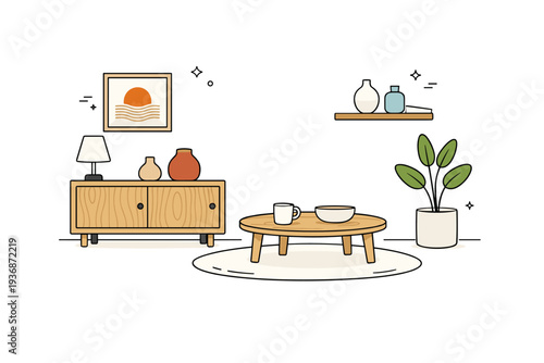 Noise-free minimalist interiors ? natural materials focus. A calm interior flat scene highlighting wood textures, neutral ceramics, and a single plant,