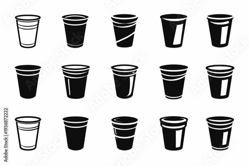 Plastic Cup. Icon set. Set Logo of Plastic Cup: disposable cup silhouette. harmonious logo variations of the same emblematic concept, each with different